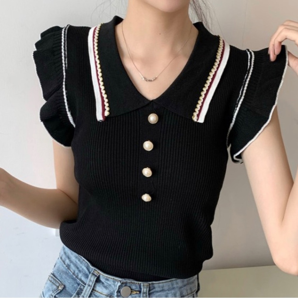 Ruffle sleeve black top with white, gold, maroon size Small